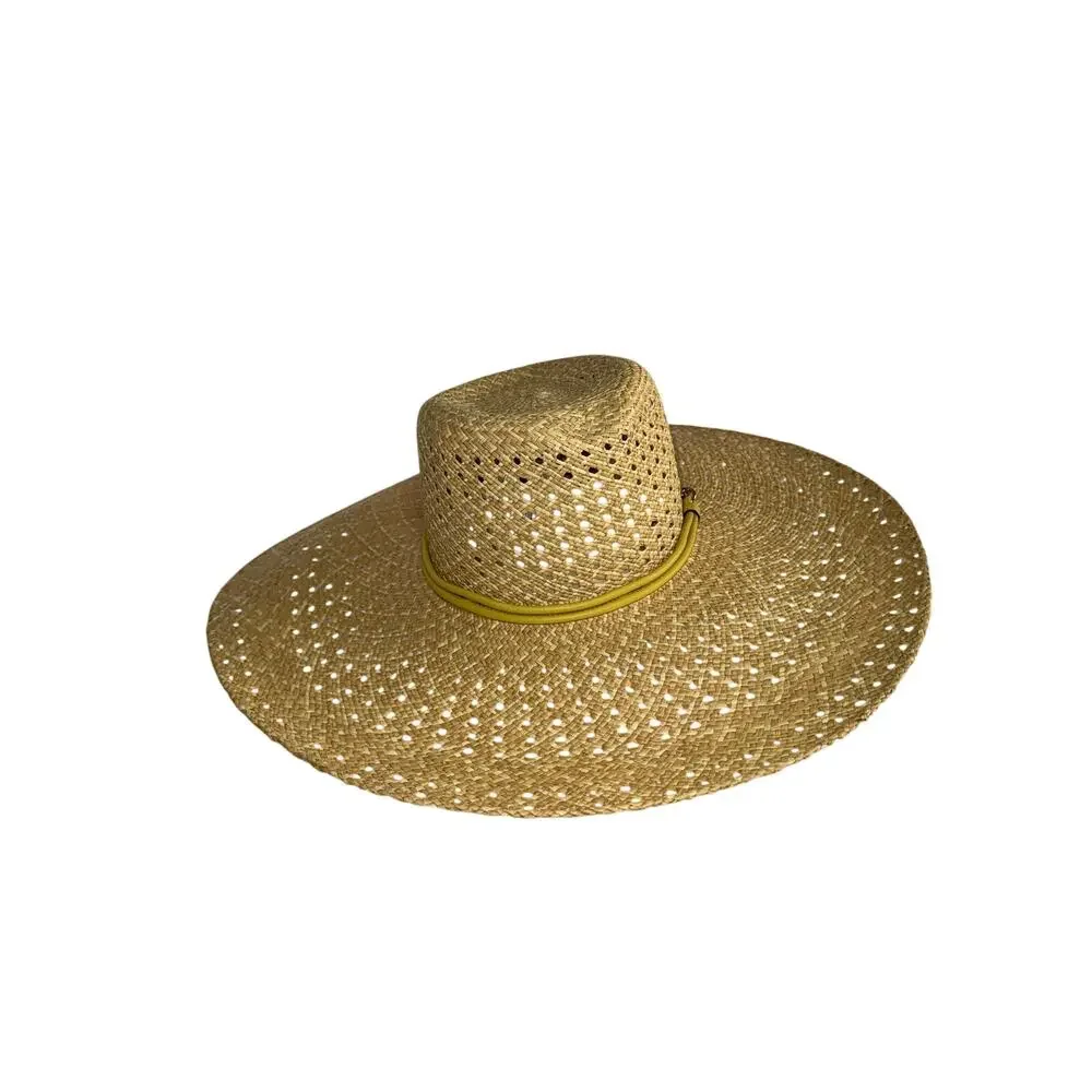 Coach Natural Straw Wide Brim Floppy Sun Hat Yellow Leather Trim One Size NWT - Picture 3 of 11